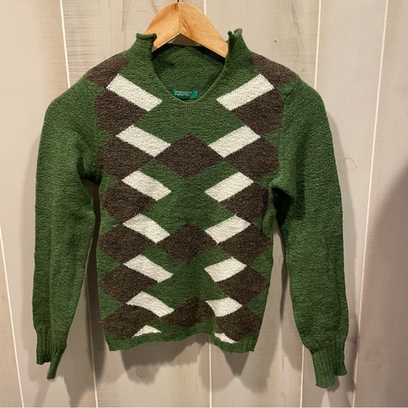 Vintage 90s-Y2K United Colors of Benetton olive argyle wool blend sweater Italy - Picture 8 of 9